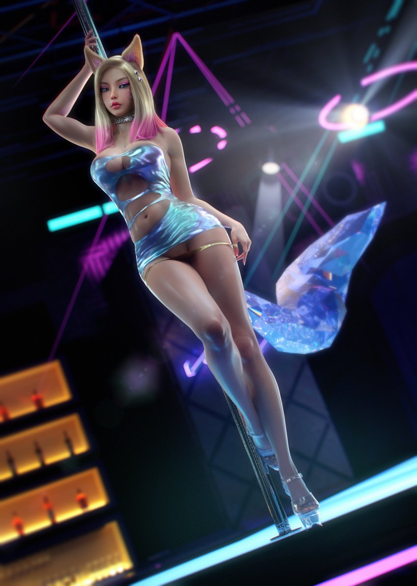 3d 3d_(artwork) ahri blonde_hair curvaceous curvy curvy_female curvy_figure feet high_heels hips huge_breasts inviting inviting_to_sex k/da_all_out_ahri k/da_all_out_series k/da_series league_of_legends looking_at_viewer navel panties pole pole_dancing seductive therealzoh thick_thighs tight_clothing wide_hips