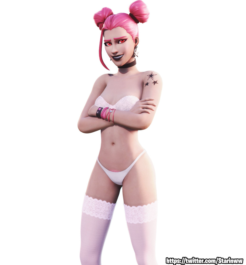 1girls 3d arms_crossed blender bra bracelet bracelets breasts choker collar ear_piercing earrings female female_focus female_only fortnite haze_(fortnite) legwear light-skinned_female light_skin looking_at_viewer panties pink_eyes pink_hair pose posing presenting seductive seductive_smile simple_background small_breasts smile smiling smiling_at_viewer solo starinww surf_witch_(fortnite) tattoo tattoos thigh_highs underwear watermark white_bra white_panties white_stockings