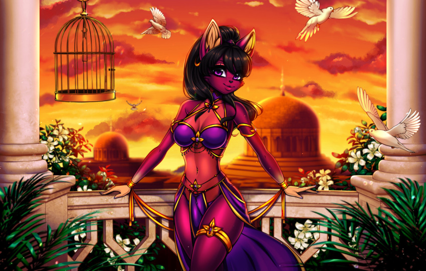 anthro arabia arabian_clothes balcony belly_dancer belly_dancer_outfit birds cat_ears catgirl cleavage furry harem_girl harem_outfit islamic_architecture large_breasts loincloth looking_at_viewer mosque original original_character persia persian_clothing purple_eyes purple_fur yonachka_doki