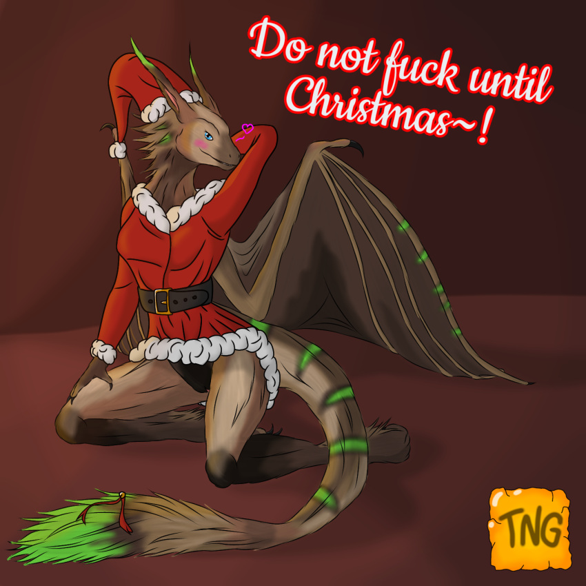 anthro bell bottomwear brown_body brown_fur christmas christmas_clothing christmas_headwear clothed clothing costume dragon dress female fur furred_dragon green_body green_fur hat headgear headwear heart hi_res holidays jingle_bell no_underwear salvatrix santa_costume santa_dress santa_hat scalie skirt solo teasing teasing_viewer text the_nameless_guy upskirt western_dragon wings