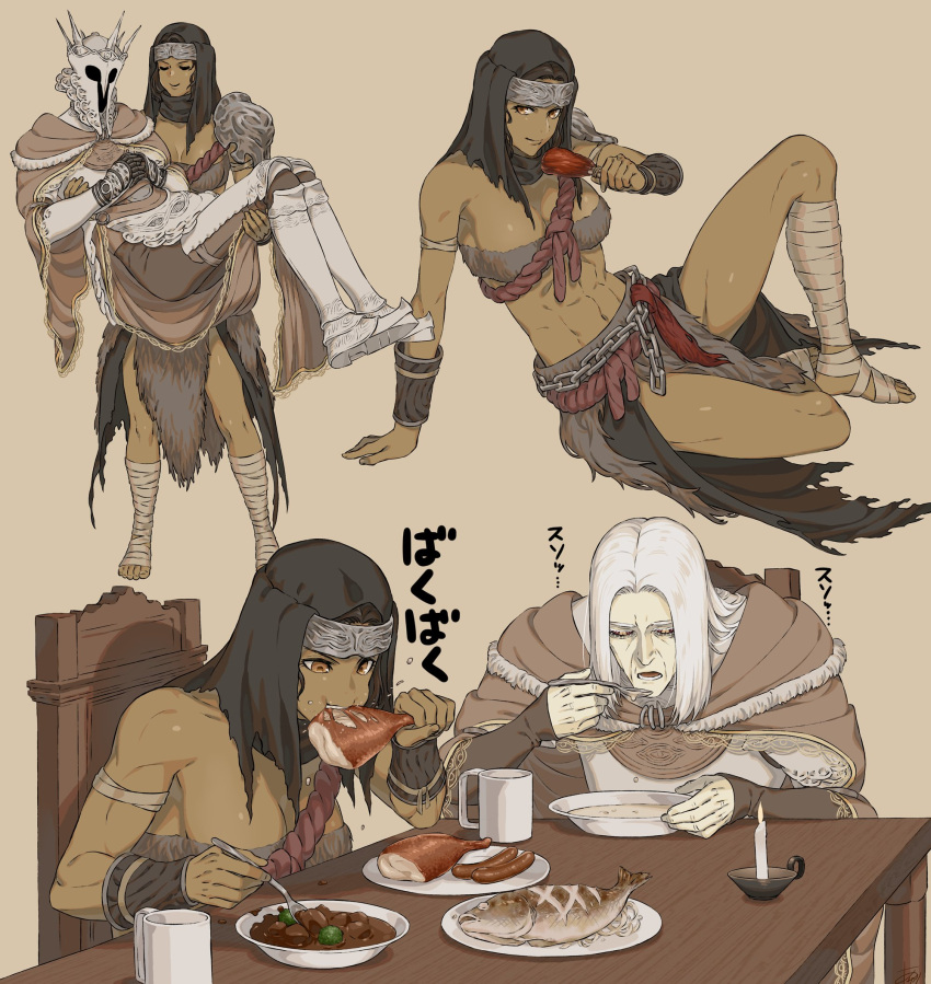 1boy 1girls abs arizuka00 bandage big_breasts breasts chicken cleavage dark-skinned_female elden_ring father_and_daughter feet female fromsoftware legs_up muscular_female nepheli_loux sir_gideon_ofnir_the_all-knowing thanksgiving thick_thighs turkey wholesome