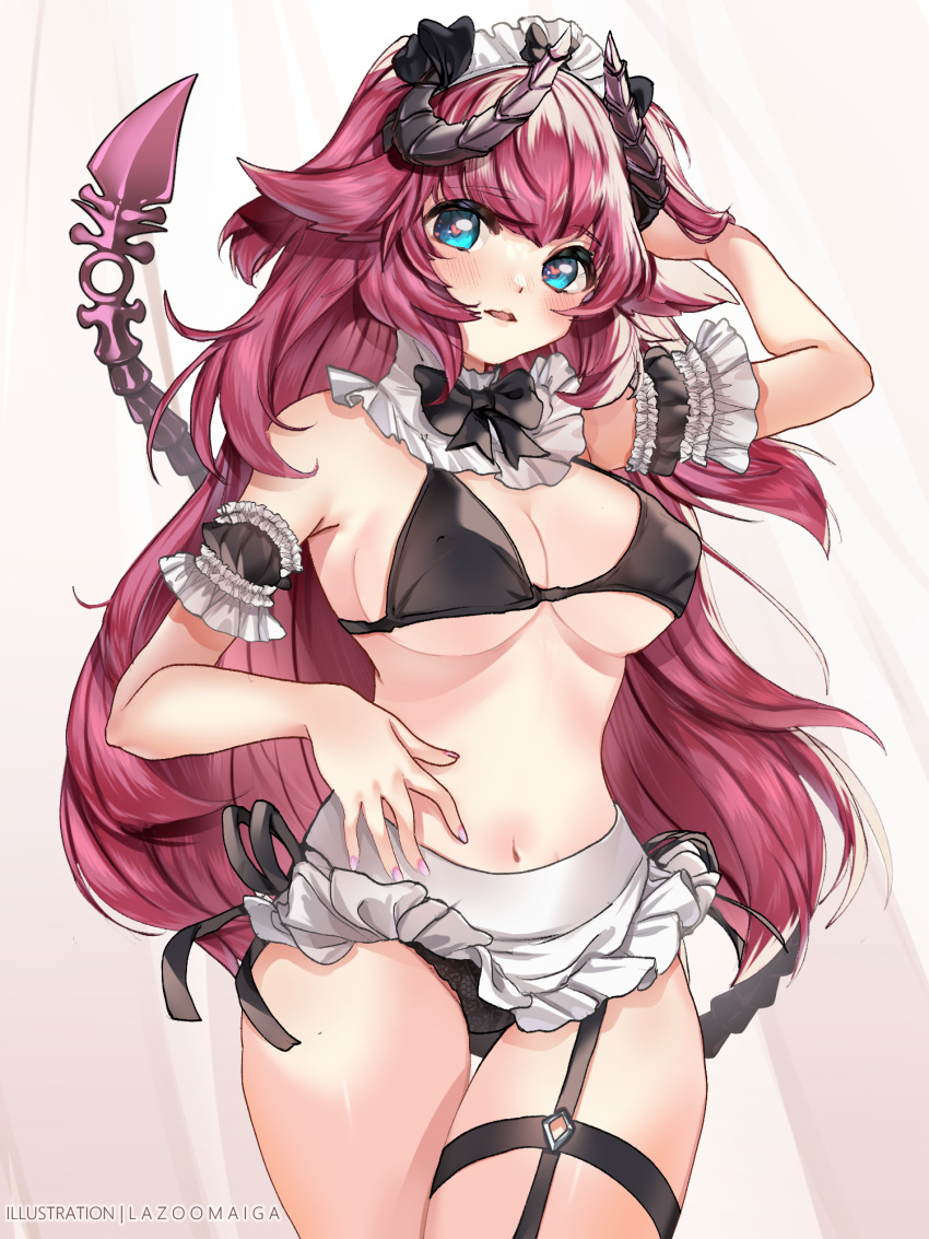 black_panties blue_eyes dragon dragon_girl heart_eyes horns irelyth lazoo lazoomaiga lingerie maid maid_apron maid_bikini maid_cap maid_headdress pink_hair plug_(sex_toy) sex_toy sex_toy_in_ass submissive submissive_female sumisa