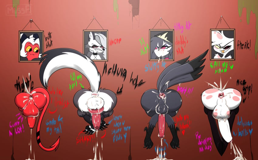 2boys 2futas angel_dust_(hazbin_hotel) animal_ears animal_genitalia animal_penis anthro anus ass avian balls canid canine canine_penis cock_ring cum cum_inside cum_on_ass demon demon_boy demon_futa demon_tail dog_penis erection feathers femboy futa_sans_pussy futanari girly glory_wall hazbin_hotel hellhound helluva_boss huge_balls huge_cock humanoid imp impmussa knot loona_(helluva_boss) male mammal moxxie_(helluva_boss) octavia_(helluva_boss) owl penis photo picture picture_on_wall portrait precum rear_view spider stuck stuck_in_wall tail tail_feathers through_wall toe_claws wolf_ears wolf_futa wolf_tail