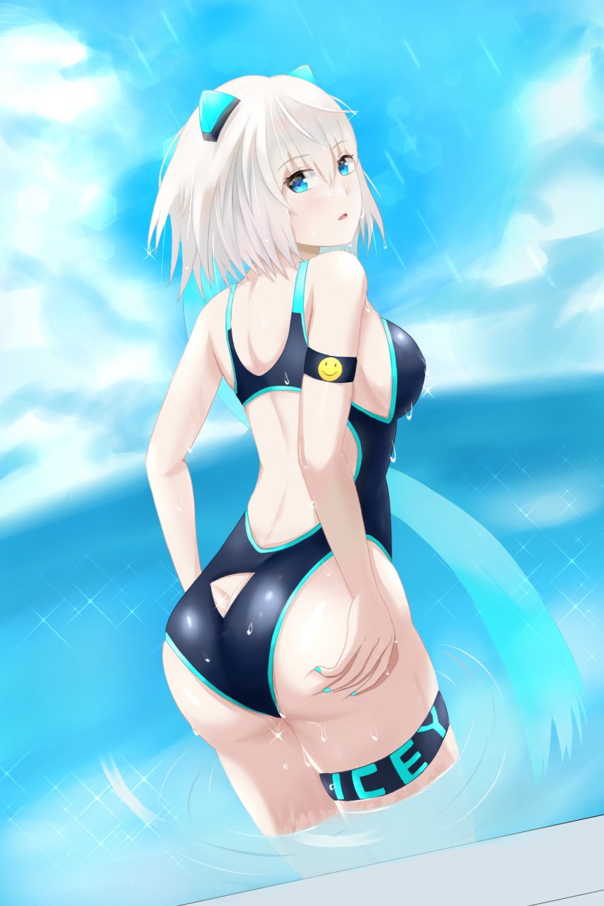 android ass ass_cleavage ass_grab big_ass big_breasts blue_eyes blue_nails butt_crack clear_sky dat_ass female female_focus female_only grey_hair huh? icey icey_(game) looking_back one-piece_swimsuit paidasun pin pool short_hair solo_female water