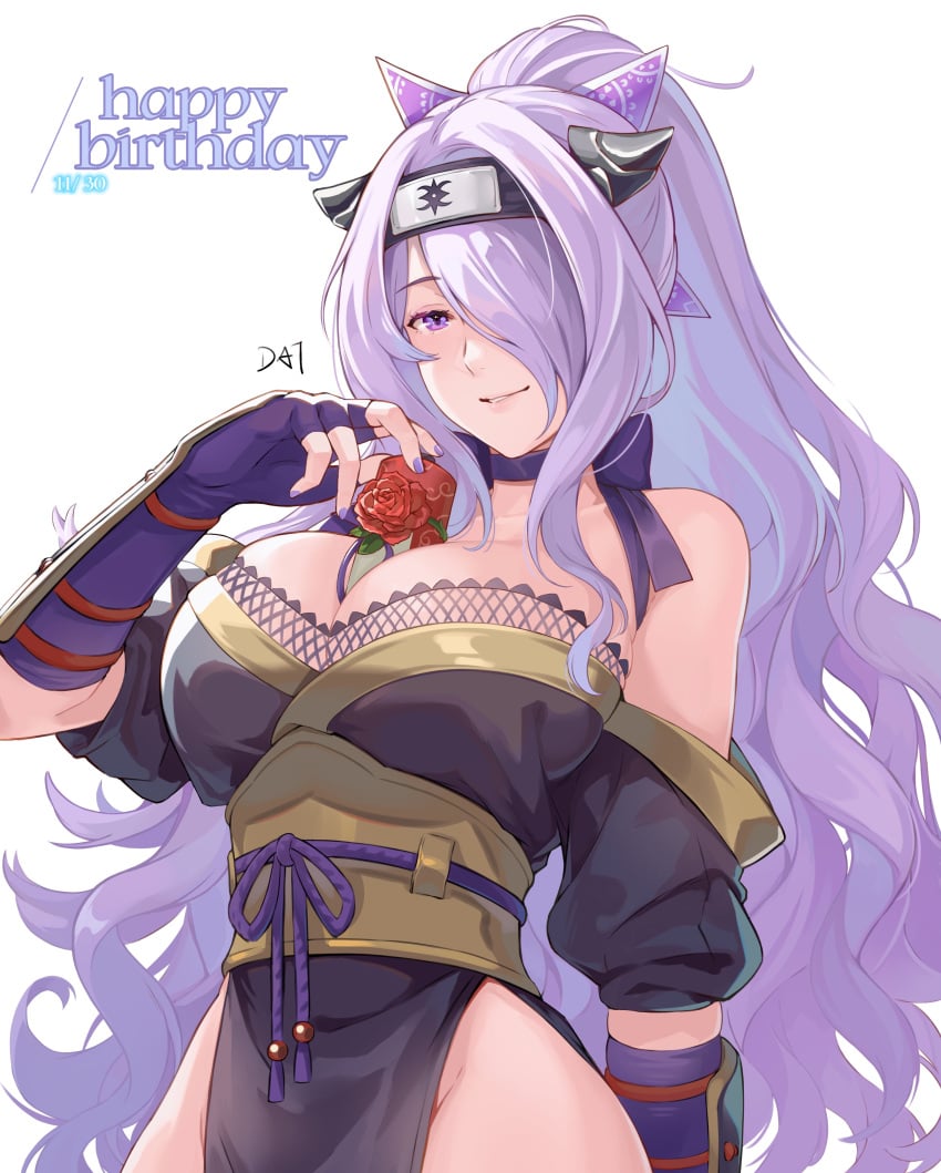 1girls absurdres alternate_costume alternate_hairstyle bare_shoulders between_breasts black_kimono breasts camilla_(fire_emblem) camilla_(ninja)_(fire_emblem) cleavage commentary_request da-cart fake_horns female female_only fingerless_gloves fire_emblem fire_emblem_fates fire_emblem_heroes flower gloves groin hair_over_one_eye hand_up happy_birthday hartman_hips headband highres horns japanese_clothes kimono long_hair nail_polish obi off_shoulder official_alternate_costume official_alternate_hairstyle pelvic_curtain ponytail purple_eyes purple_gloves purple_hair purple_nails red_flower red_rose rose sash short_sleeves solo upper_body vambraces very_long_hair