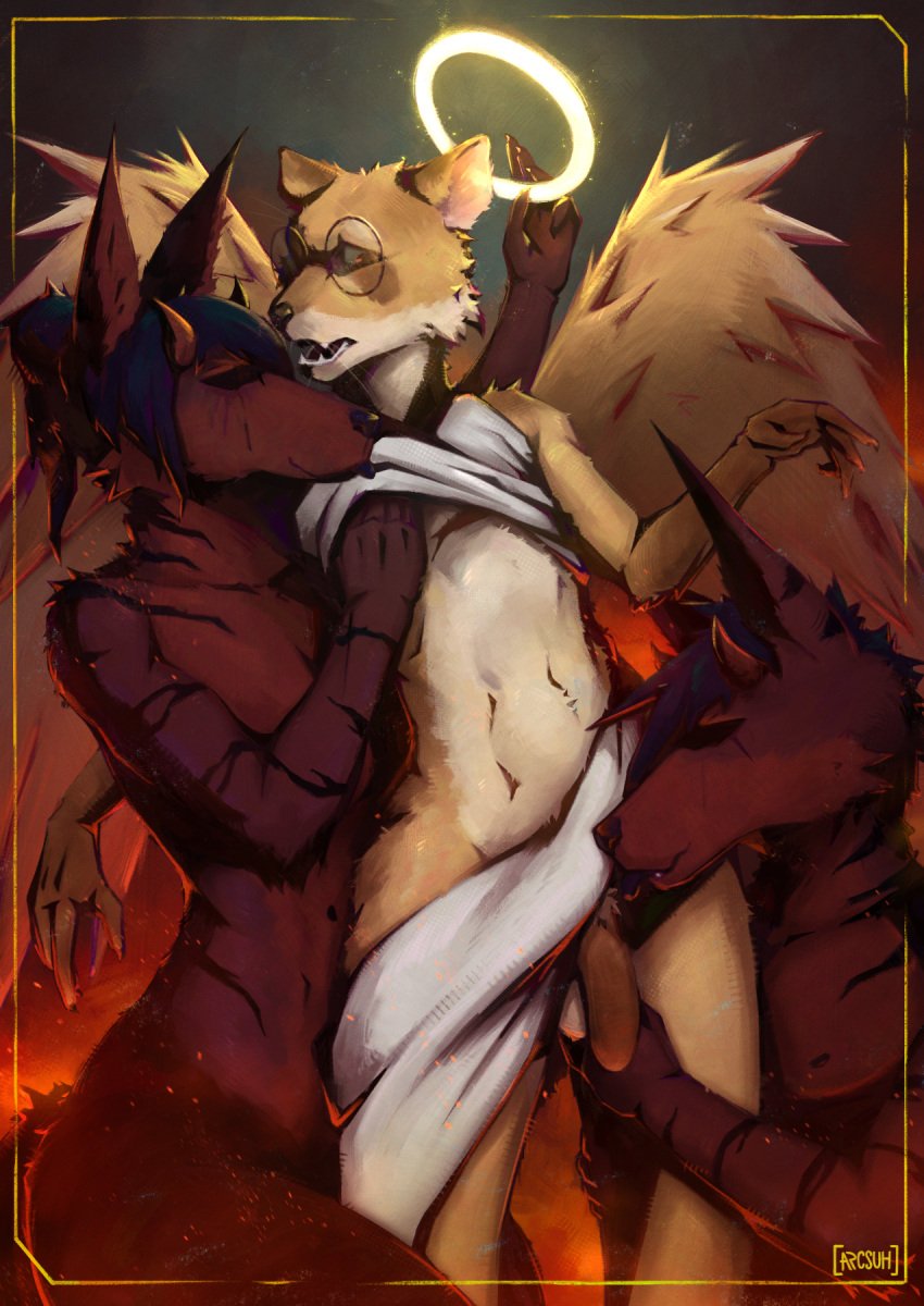 anthro arcsuh balls breasts brother brother_and_sister canid canine clothed clothing demon digital_media_(artwork) digital_painting_(artwork) equid equine eyewear feathered_wings feathers female fur genitals glasses group hair halo hi_res horn humanoid_genitalia humanoid_penis hybrid lizzy_(arcsuh) lynn_(arcsuh) male male/female male/male mammal nude open_mouth partially_clothed penis procyonid raccoon sibling simple_background sister stripes trio twins wings zebra zeek_(arcsuh)