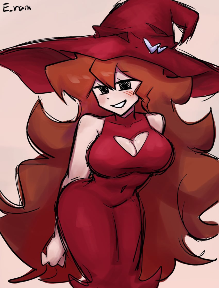 bare_shoulders big_breasts blush boob_window breasts erainnn female friday_night_funkin girlfriend_(friday_night_funkin) heart hourglass_figure large_breasts long_hair mob_face red_dress smile thick_thighs witch witch_costume witch_hat