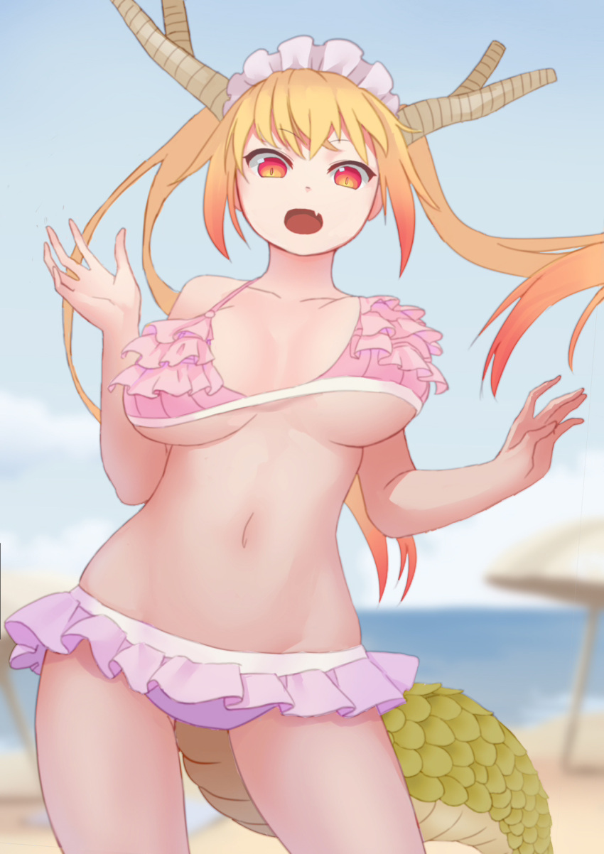 1girls beach big_breasts bikini bouncing_breasts miss_kobayashi's_dragon_maid orange_eyes swimsuit tohru_(dragon_maid) virgosdf