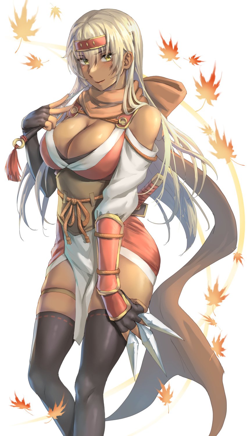 1girls absurdres alternate_costume black_footwear black_gloves blonde_hair boots breasts brown_scarf cleavage commission dark-skinned_female dark_skin elbow_gloves female female_only fire_emblem fire_emblem:_the_binding_blade fire_emblem_heroes gloves highres igrene_(fire_emblem) igrene_(ninja)_(fire_emblem) kokuzou kunai large_breasts long_hair looking_at_viewer mole mole_under_eye ninja nintendo non-web_source official_alternate_costume scarf skeb_commission solo thigh_boots thighs weapon yellow_eyes