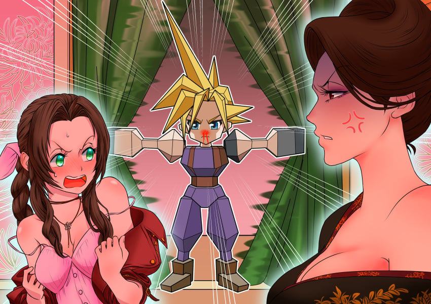 1boy 2girls aerith_gainsborough angry bare_shoulder blue_eyes caught_undressing cleavage cloud_strife female final_fantasy final_fantasy_vii final_fantasy_vii_remake funny green_eyes horny madam_m nosebleed opening_door spiky_hair surprised undressing