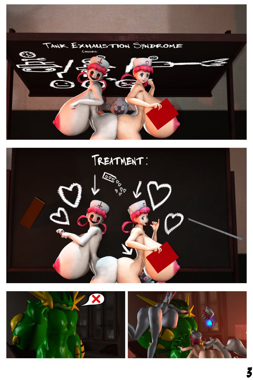 3d black_eyes comic comic_page creepy empty_eyes hyper hyper_breasts mega_evolution mega_swampert nurse_joy pink_hair pokemon rgtdwtbr rotom rotomi source_filmmaker swampert unjoy