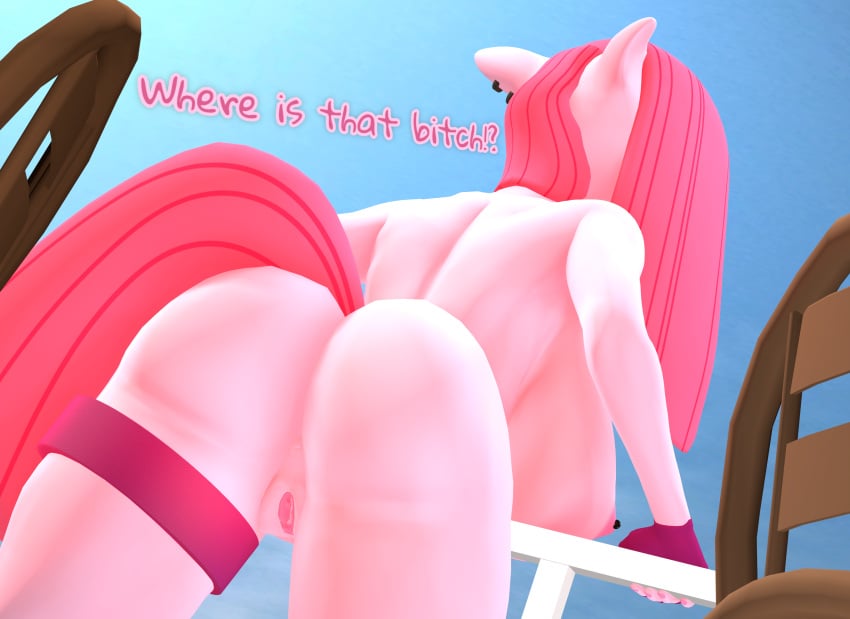 3d_(artwork) anthro anthrofied ass big_breasts breasts dialogue digital_media_(artwork) english_text equid equine female friendship_is_magic fur furry furry_only genitals hair hasbro hi_res mammal my_little_pony nipple_piercing nipples piercing pink_hair pinkamena_(mlp) pinkie_pie_(mlp) purplefondue pussy solo straight_hair tail text