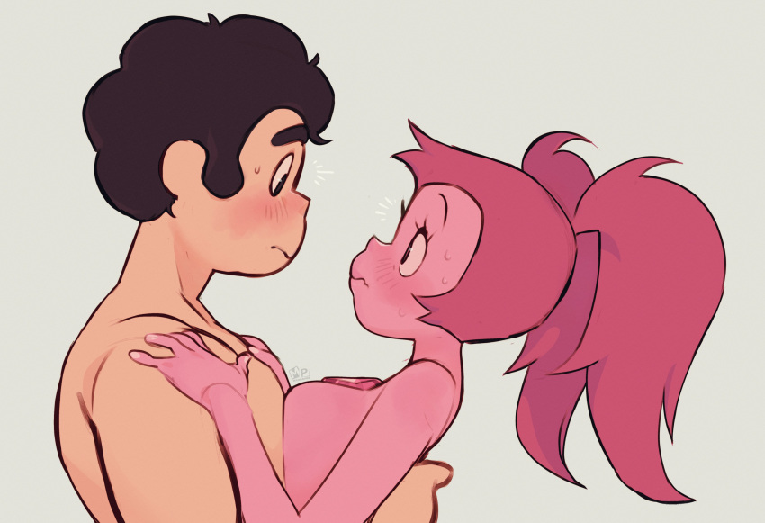 1boy 1girls black_hair blush breasts cartoon_network chubby_male couple cute eyelashes female gem_(species) heart long_hair looking_at_another love mahmapuu male naked nude nude_female nude_male pink_eyes pink_hair pink_skin spinel_(steven_universe) steven_quartz_universe steven_universe sweatdrop twintails upper_body