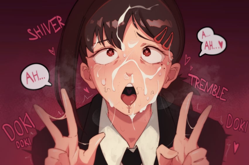 1boy 1girls absurdres after_deepthroat after_oral ahe_gao bangs black_jacket black_necktie brown_hair chainsaw_man collared_shirt cum cum_in_nose cum_on_hair cute double_v double_w eye_contact facial female gradient gradient_background hair_ornament hairclip heart heart-shaped_pupils higashiyama_kobeni highres jacket looking_at_viewer necktie notsorapoi open_mouth oral petite portrait pov pubic_hair red_background red_eyes secret shiny shiny_hair shirt skinny slim sloppy_blowjob_devil solo speech_bubble stray_pubic_hair sweat symbol-shaped_pupils teenager teeth tongue trembling upper_teeth w white_shirt