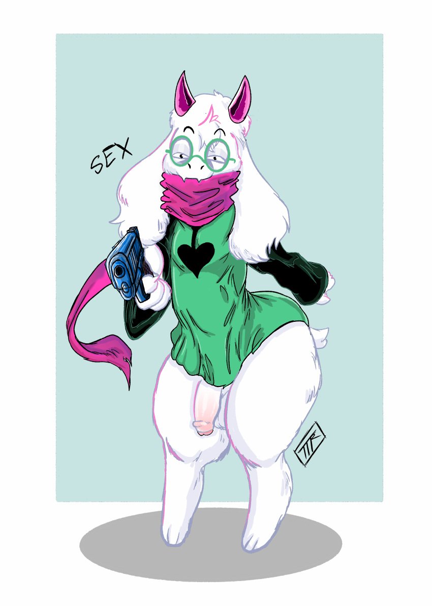 1boy 2d anthro anthro_male anthro_only balls big_ass black_sleeves caprine deltarune deltarune_chapter_2 digital_media_(artwork) femboy fluffy_ears furry furry_male furry_only glasses goat_humanoid green_clothing gun hi_res highres horns humanoid humanoid_male humanoid_only kojoarts looking_at_viewer male male_focus male_only mammal mammal_humanoid naughtypaw_(artist) penis pink_horns pink_scarf pointing_gun ralsei ralsei_(deltarune) ralsei_with_white_fur scarf simple_background solo solo_male thick_thighs ttherandom tthrandom tthrandom_rp undertale_(series) white_fur white_hair wide_hips