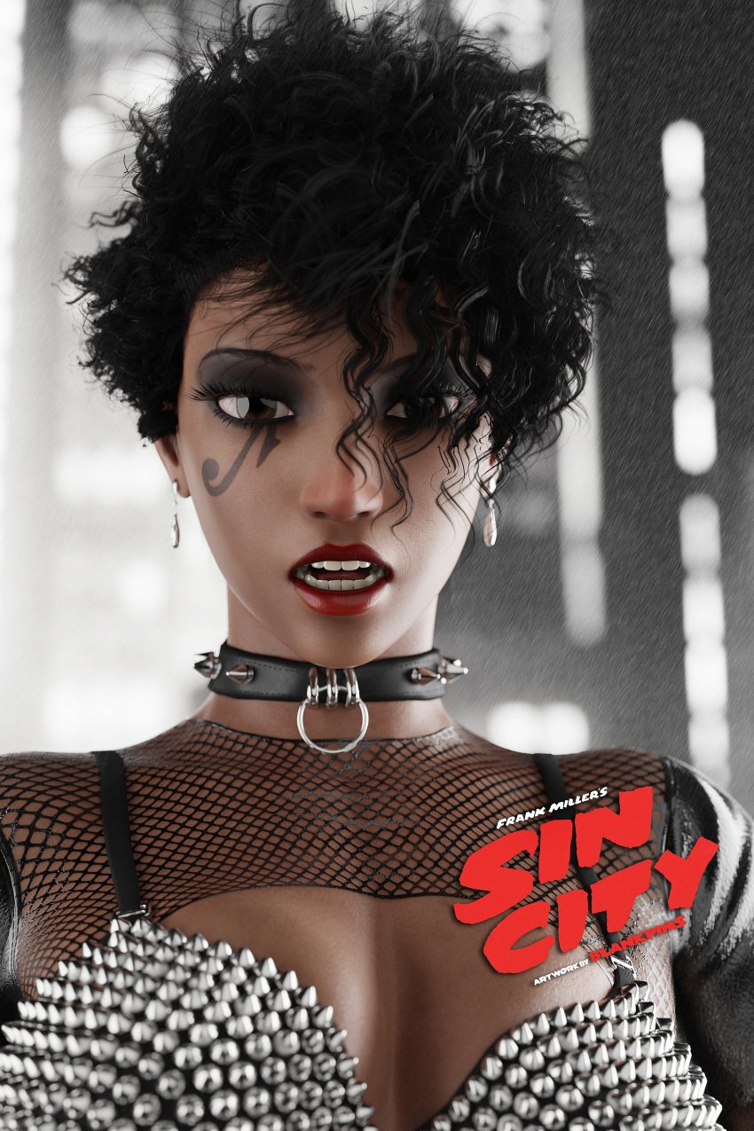 1girls 3d bdsm_gear blankpins collar dark-skinned_female dark_hair discord earrings female_only fishnet fit_female gail_(sin_city) leather lipstick metal_bikini muscular_female noir overwatch pharah prostitute rain red_lipstick ruins short_hair sin_city skimpy_bikini solo spiked_collar