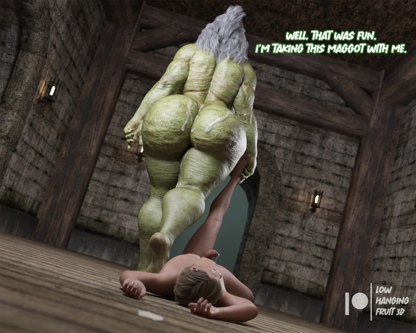 3d 3d_(artwork) after_rape after_sex ass belly big_ass big_breasts breasts cum cum_inside cum_on_ass daz3d daz_3d daz_studio dialogue dominant_female domination dragging female green_skin large_ass large_breasts lowhangingfruit3d_(artist) male male/female mature_female muscle muscles muscular muscular_female nude old older_female orc orc_female penis pointy_ears vulta_(lhf3d) watermark