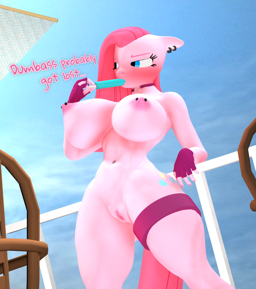 3d_(artwork) anthro anthrofied ass big_breasts breasts dialogue digital_media_(artwork) english_text equid equine female food friendship_is_magic fur furry furry_only genitals hair hasbro hi_res mammal my_little_pony nipple_piercing nipples piercing pink_hair pinkamena_(mlp) pinkie_pie_(mlp) popsicle purplefondue pussy solo straight_hair tail text