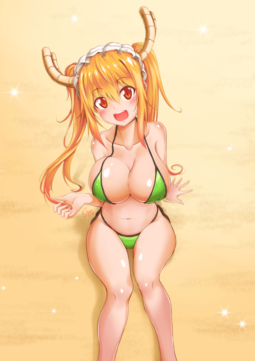 beach big_breasts bikini cigar_cat golden_hair green_bikini happy horn horns miss_kobayashi's_dragon_maid orange_eyes red_eyes sitting thick_thighs tohru_(dragon_maid) yellow_hair