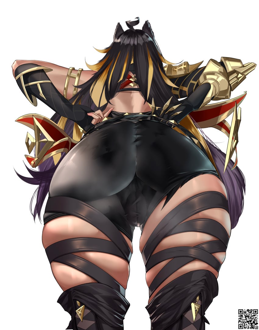 1girls absurd_res absurdres adjusting_clothes armwear ass ass_focus ass_shot big_ass black_hair black_shorts bottom_view bottomwear bubble_ass bubble_butt cameltoe clothing dat_ass dehya_(genshin_impact) female female_only genshin_impact hair high_resolution highres huge_ass large_ass legwear long_hair shioramen12 shorts solo solo_female thick_ass thick_thighs thighs topwear two_tone_hair