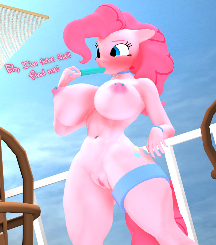 3d_(artwork) anthro anthrofied ass big_breasts breasts dialogue digital_media_(artwork) english_text equid equine female food friendship_is_magic fur furry furry_only genitals hair hasbro hi_res mammal my_little_pony nipple_piercing nipples piercing pink_hair pinkie_pie_(mlp) popsicle purplefondue pussy solo straight_hair tail text