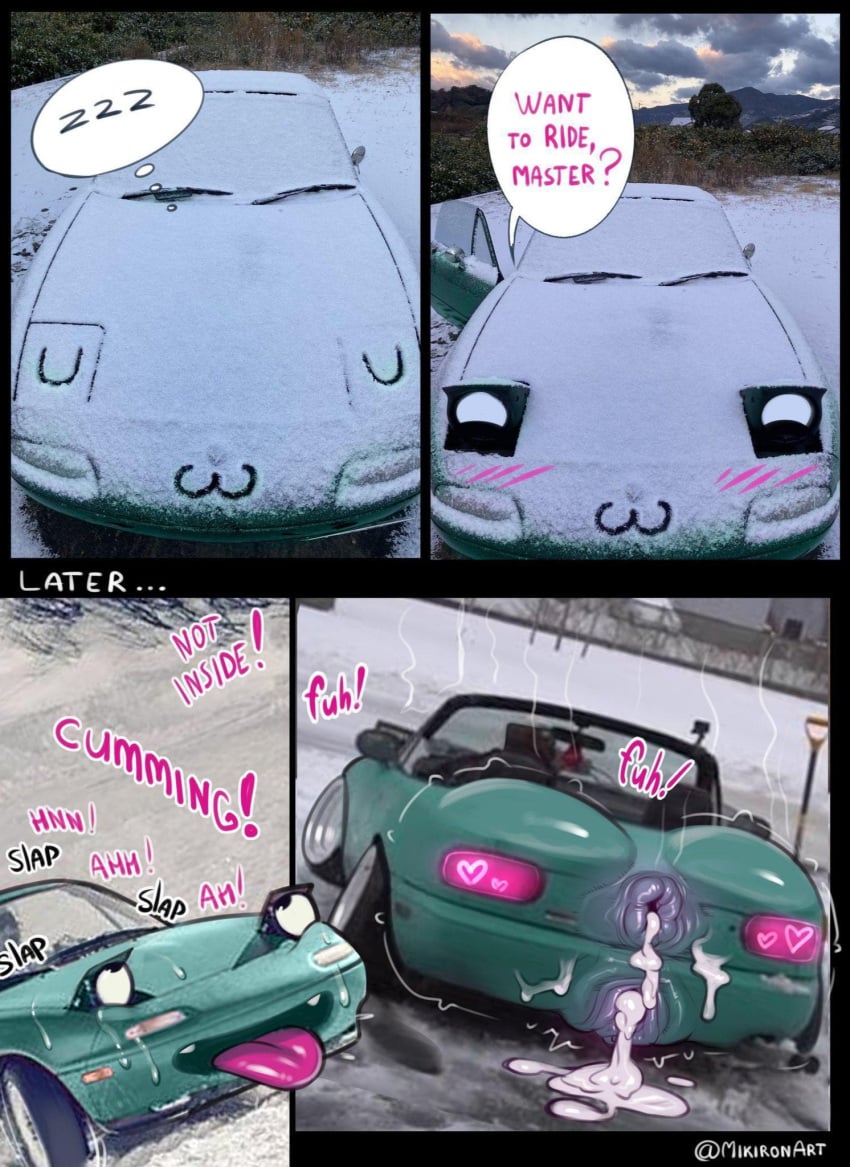 1girls :3 after_anal after_sex after_vaginal car cloud cum cum_dripping cum_dripping_from_anus cum_dripping_from_ass cum_dripping_from_pussy cum_dripping_out_of_pussy cum_inside cum_pool english_text living_vehicle mazda_miata miata mikiron outdoors snow speech_bubble tagme uncensored what wtf zzz