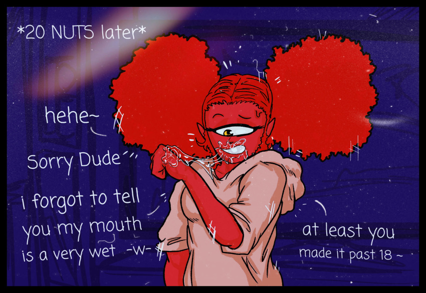 1boy 1girls afro_puffs after_sex aftermath couch cyclops dialog dialogue digital_media_(artwork) glowing_hair hi_res highres hoodie humanoid juju_(ttherandom) kojoarts muscular_male naughtypaw_(artist) post_orgasm red_skin saliva saliva_string saliva_trail shorts sitting smile space_buns text ttherandom tthrandom tthrandom_rp yellow_pupils