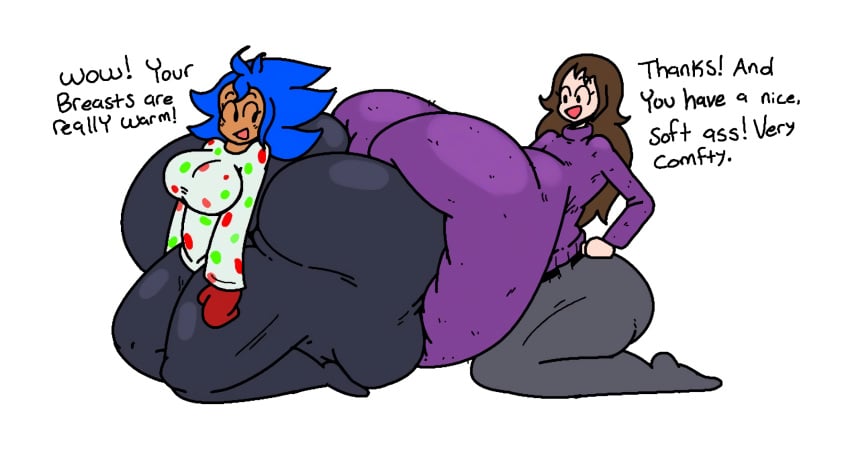 2girls ass_bigger_than_breasts ass_bigger_than_head ass_bigger_than_torso ass_size_difference ass_vs_breasts bottom_heavy breast_size_difference breasts_bigger_than_ass breasts_bigger_than_head breasts_bigger_than_torso candy_(cgthiccart) cgthiccart enormous_ass enormous_breasts gigantic_ass gigantic_breasts huge_ass huge_breasts hyper hyper_ass hyper_breasts long_hair looking_back massive_ass massive_breasts meat_wall_(body_type) nikki_(cgthiccart) short_hair sitting_on_breasts tagme talking text thick_thighs top_heavy wide_hips