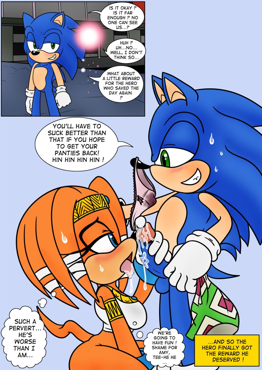 1boy 1girls 2d absurd_res after_fellatio blowjob blue_eyes erection fellatio female hi_res holding_skirt male mobian mobian_(species) mobian_echidna oral panties_on_face penis pervert pussy_juice_stain raianonzika sega skirt_removed smile sonic_(series) sonic_adventure sonic_the_hedgehog sonic_the_hedgehog_(series) speech_bubble stained_panties straight text tikal_the_echidna wet_panties