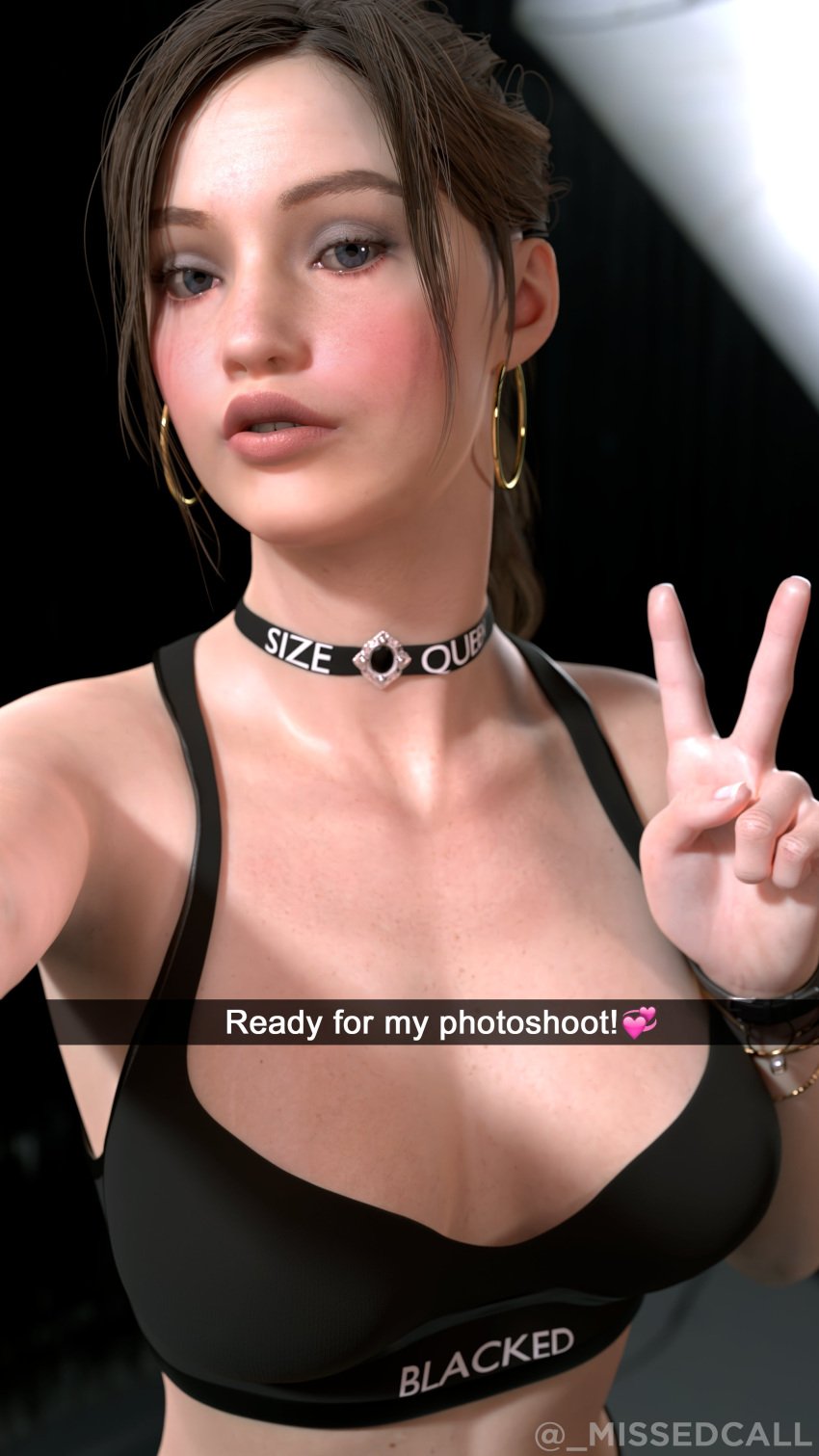 1girls 3d blacked blacked_clothing choker claire_redfield cleavage english_text female female_only hoop_earrings light-skinned_female light_skin looking_at_viewer makeup missed_call parted_lips plump_lips resident_evil selfie size_queen snapchat solo solo_female solo_focus text v v_sign young