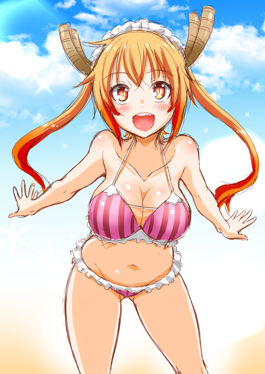 1girls beach big_breasts big_smile bikini blonde_hair breasts dragon_girl dragon_horns female light-skinned_female maid_headdress miss_kobayashi's_dragon_maid nekoi_hikaru orange_eyes smile solo striped_bikini tohru_(dragon_maid) twintails