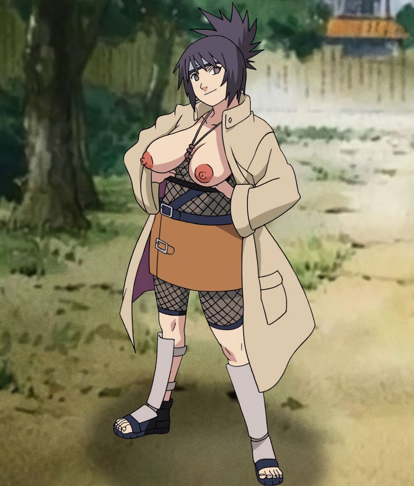 1girls belt big_breasts bodysuit bodysuit_pull breasts breasts_out chrisbryer coat edit female female_only fishnet_bodysuit fishnets full_body fully_clothed headband kunoichi large_breasts long_hair looking_at_viewer mitarashi_anko naruto naruto_(series) naruto_shippuden necklace ninja no_bra outdoors pendant ponytail presenting presenting_breasts pulled_by_self purple_hair sagging_breasts sandals smile solo solo_focus tied_hair trenchcoat