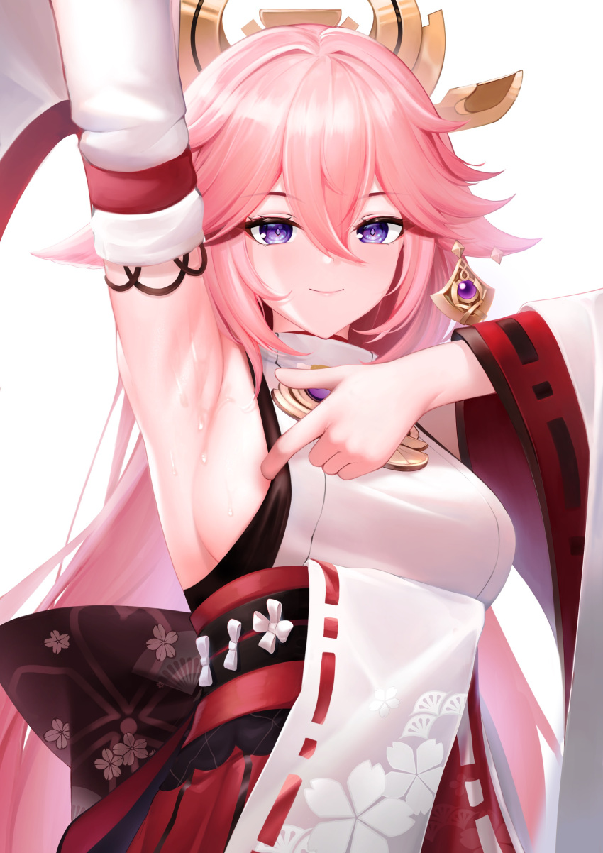 1girls animal_ears arm_up armpits chanifge genshin_impact japanese_clothes kitsune light-skinned_female light_skin no_bra solo sweat yae_miko