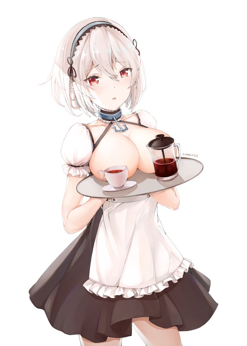 azur_lane breasts chanifge collar female female_only maid no_bra serving_tray sirius_(azur_lane)