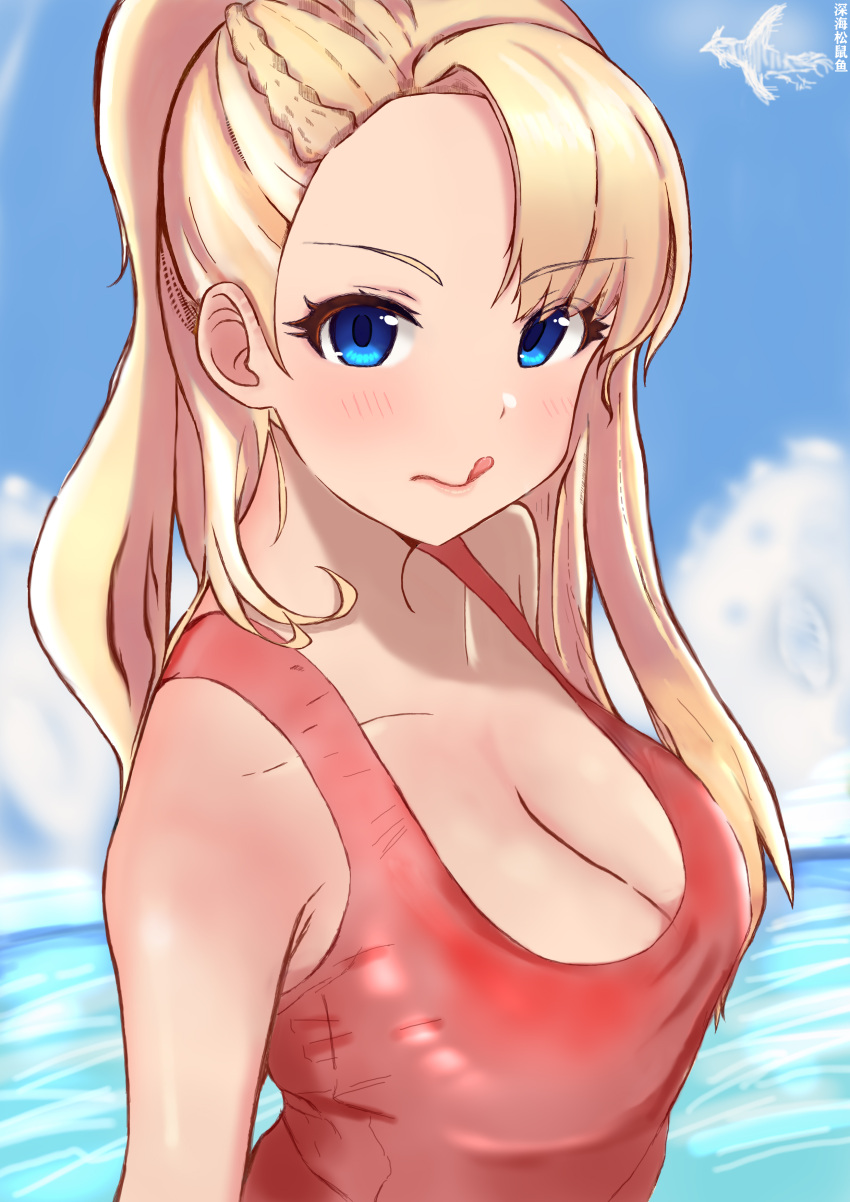 1girls absurd_res artist_name bangs blonde_female blonde_hair blue_eyes blush blush_lines braid braided_hair breasts chinese_text cleavage clothed clothed_female cloud deep-sea_squirrel_fish_(fishing) ear eyebrows_visible_through_hair eyes_visible_through_hair female female_focus female_only iris_(my_story_animated) light-skinned_female light_skin long_hair my_story_animated nose ponytail request seaside solo solo_female solo_focus tongue tongue_out water youtube