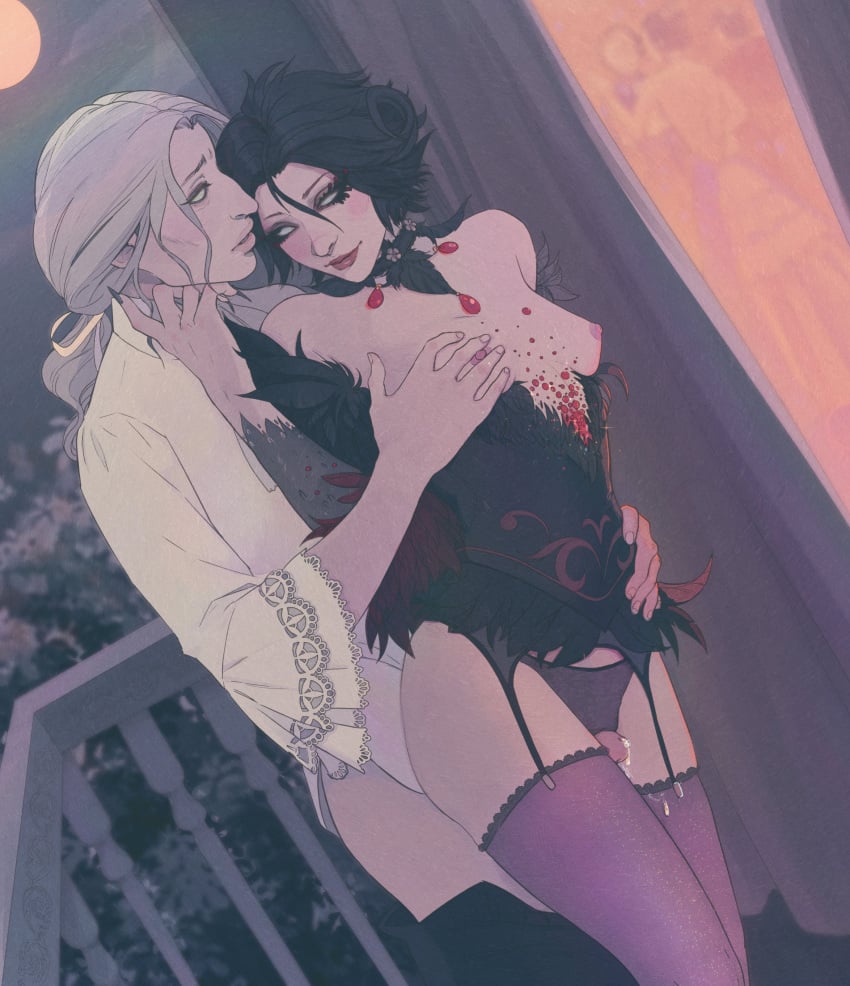 1boy1girl black_dress black_hair black_pants bloody_queen bloodysw0rd blush caressing_face flustered grabbing_breasts grabbing_from_behind identity_v joseph_desaulniers male/female mary_(identity_v) partially_clothed precum purple_stockings red_lipstick small_breasts stockings thigh_sex thighs tip_peeking white_button_down_shirt white_eyes white_hair white_shirt