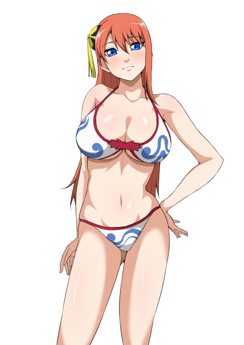 aged_up alternate_costume big_breasts bikini blue_eyes blush bun_cover cleavage female female_only gintama gintama:_be_forever_yorozuya hair_between_eyes hand_on_hip kagura_(gintama) long_hair looking_at_viewer monyamonya78 official_alternate_hairstyle orange_hair solo standing swimsuit underboob white_bikini