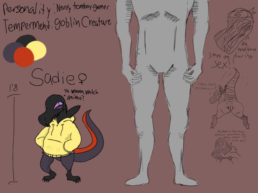 anthro clothed clothing crossover dialogue discodemon duo female generation_7_pokémon genitals hi_res human interspecies lizard male mammal naruto nintendo partially_clothed pokémon pokemon_(species) pokephilia presenting presenting_pussy purple_eyes pussy reptile sadie(discodemon) salandit scalie short video_games yellow_clothing