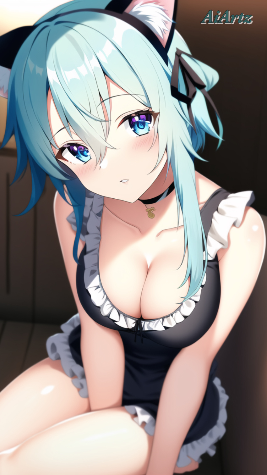 1girls ai_generated aiartz bare_shoulders blue_eyes blue_hair breasts cat_ears catgirl choker cleavage cute female innocent kawaii large_breasts leaning_forward maid nai_diffusion photoshop sinon sitting stable_diffusion sword_art_online thick_thighs thighs