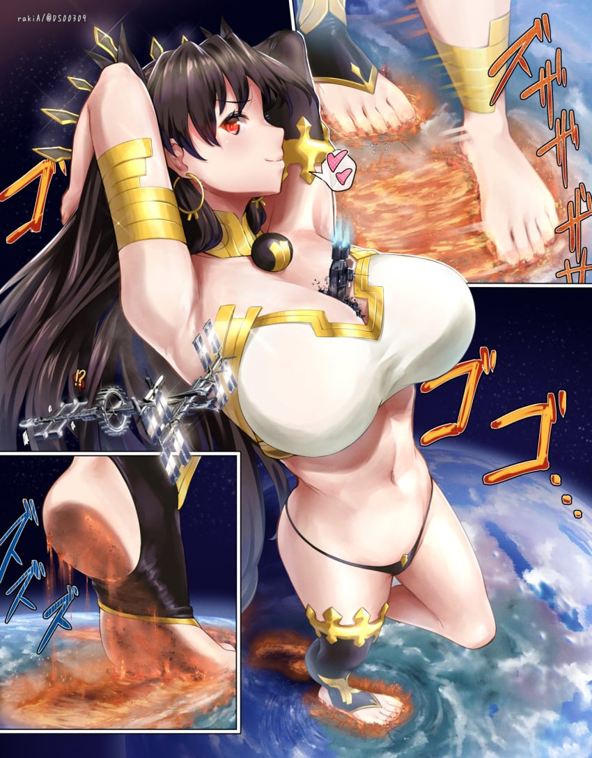 1girls armpits arms_behind_head between_breasts black_hair breasts cleavage destruction earth fate/grand_order fate_(series) giantess huge_breasts ishtar_(fate) jewelry long_hair macro navel planet rakia_(ds00309) red_eyes smile space underwear