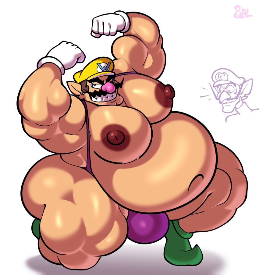 1boy 2021 2boys almost_naked arms arms_above_head arms_up artist_logo beefy belly big_belly big_breasts big_bulge big_chest big_nipples big_pecs big_thighs black_eyebrows black_eyes bobthetanuki boots brown_hair bulge cap chest color colored digital_art digital_drawing_(artwork) digital_media_(artwork) extrasizedbob facial_hair fat fat_man flaccid flex flexing flexing_arms flexing_bicep flexing_both_biceps flexing_muscles full_body gay gloves green_boots grin grinning grinning_at_viewer hat huge_belly huge_breasts huge_thighs human human_only looking_at_another male male_boobs male_breasts male_focus male_nipples male_only male_pov man_boobs manboobs mankini manly mario_(series) massive_belly mature_male moobs moustache multiple_boys muscles muscular_arms muscular_male muscular_thighs mustache nintendo nipples one_eye_closed overweight overweight_male pecs pectorals penis_bulge pink_nose pointy_ears shaded shiny_skin shoes simple_background smile smiling smiling_at_viewer smirk smirking smirking_at_viewer smooth_skinned_male solo solo_focus solo_male teasing teasing_viewer teeth thick_thighs thighs thong toony waluigi wario white_background white_gloves