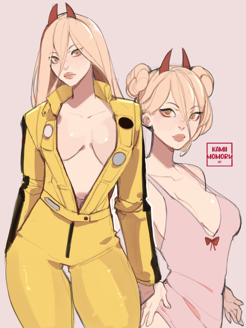 1girls chainsaw_man cleavage crossover double_bun female hair_bun horns jumpsuit kamii_momoru kill_bill long_hair long_pink_hair nightgown pink_hair power_(chainsaw_man) red_horns skin_tight skin_tight_suit the_bride_(cosplay) unzipped_bodysuit unzipped_jumpsuit yellow_bodysuit yellow_jumpsuit