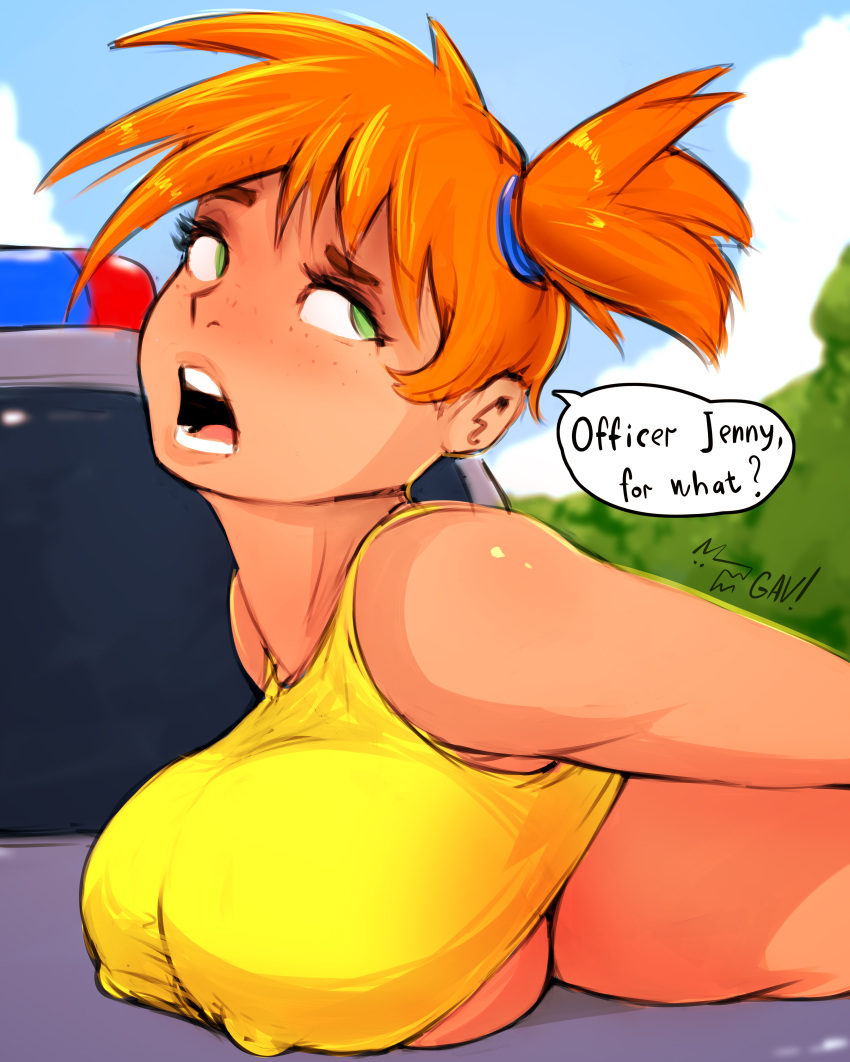 1girls against_car aleksandrgav arrest arrested asymmetrical_hair breasts creatures_(company) female game_freak green_eyes gym_leader highres huge_breasts kasumi_(pokemon) large_breasts legs looking_at_viewer nintendo nipples pokemon pokemon_(game) pokemon_rgby police_car ponytail shirt short_ponytail side_ponytail solo yellow_shirt young