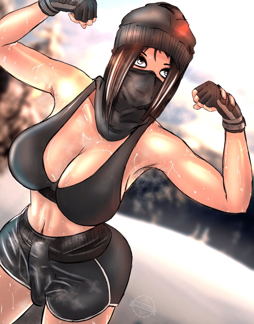 1futa armpits balls big_breasts breasts brown_hair bulge cleavage clothed clothing dolphin_shorts erection_under_clothes frost_(rainbow_six) fully_clothed futa_only futanari human light-skinned_futanari light_skin long_hair looking_at_viewer mincedmeat2 penis rainbow_six rainbow_six_siege shorts solo source_request standing