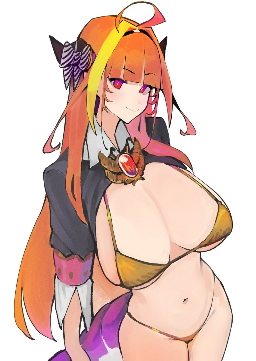 ahoge breasts cleavage dismassd dragon_girl dragon_horns dragon_tail holoforce hololive hololive_japan horn_bow kiryu_coco long_hair micro_bikini orange_hair partially_clothed virtual_youtuber