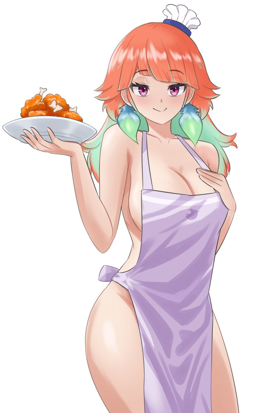 1girls apron artist_request big_ass big_breasts feathers female_only fried_chicken hololive hololive_english hololive_myth long_hair looking_at_viewer naked_apron orange_hair purple_eyes sole_female takanashi_kiara thick_thighs tiny_hat two_tone_hair virtual_youtuber