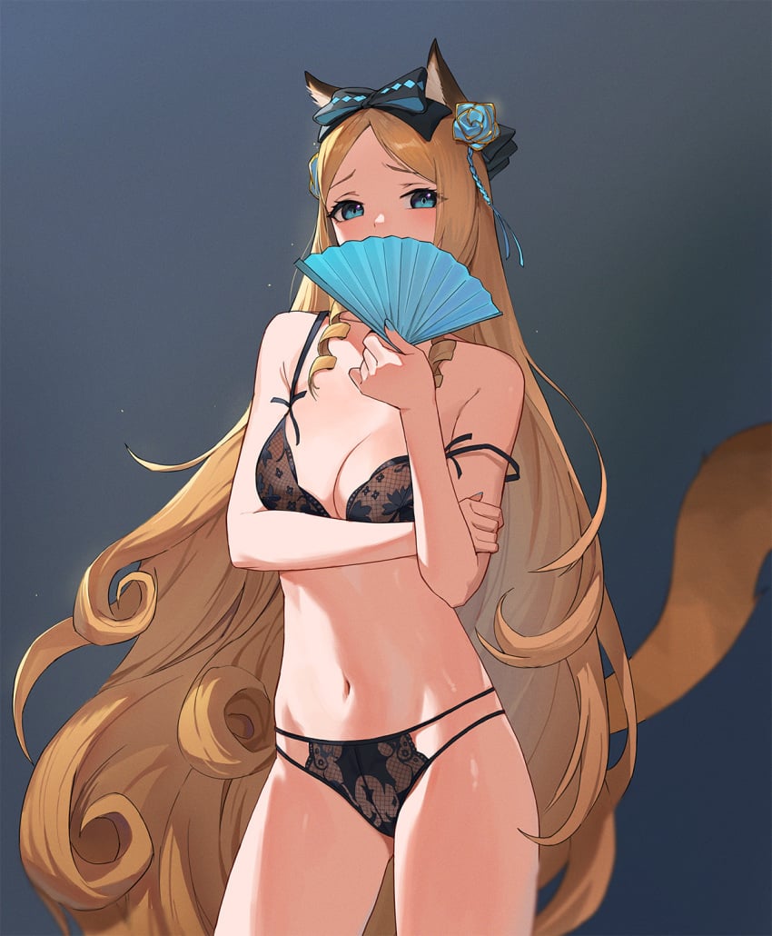 1girls animal_ear_fluff animal_ears arknights arm_under_breasts bare_shoulders belly belly_button big_breasts black_bra black_lingerie black_panties black_underwear blue_eyes blush bowtie bra bra_slip bra_strap breasts brown_hair cat_ears cat_girl cat_tail chest cleavage covering_face cute drill_hair embarrassed fan female female_only flower_hair_ornament flower_in_hair fluffy_tail gradient_background hair_accessory hair_ribbon hand_on_own_arm holding_fan iris_(arknights) jason_kim large_breasts light-brown_hair light-skinned_female light_skin lingerie long_hair looking_at_viewer midriff nail_polish nails navel panties ribbon seductive seductive_pose shy solo standing stomach tail underwear very_long_hair