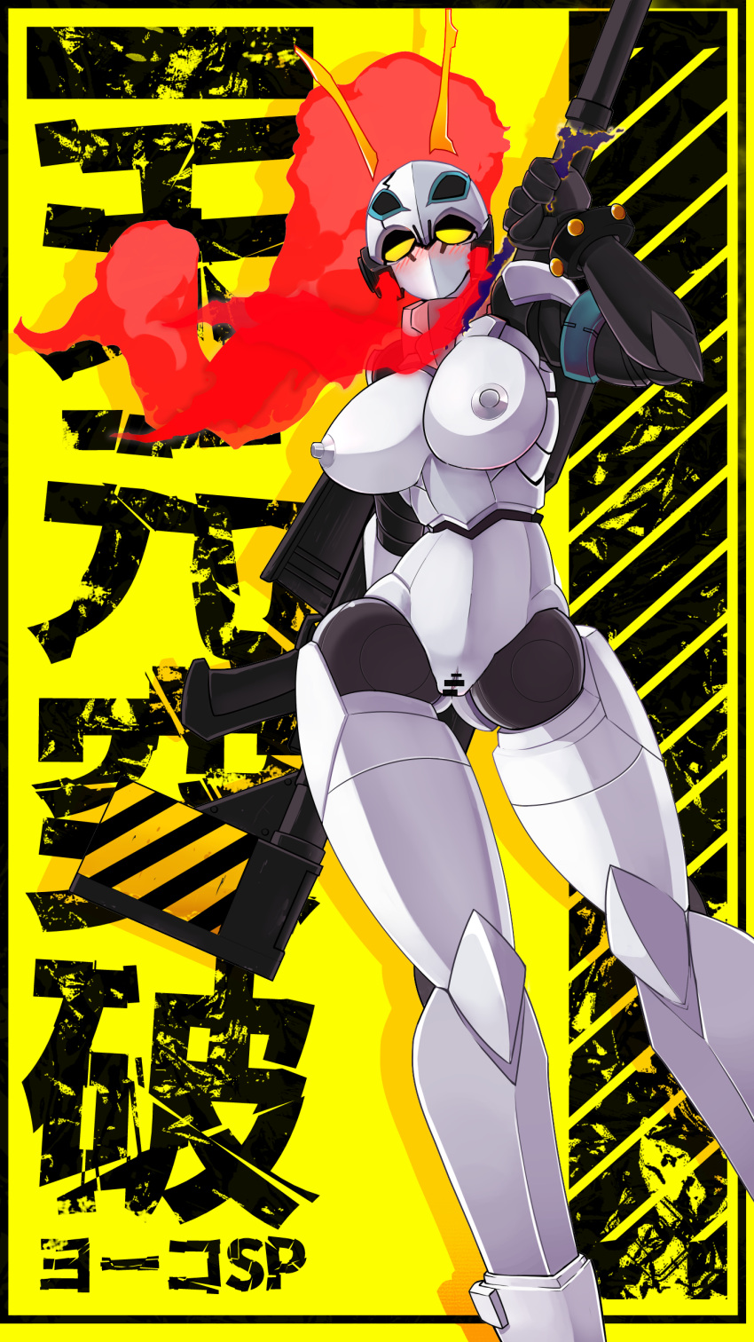 absurdres antennae bar_censor blush bracelet breasts censored cleavage colored_skin doll_joints female fusion galaxy gun highres humanoid_robot jewelry joints large_breasts mecha_musume nipples nude planet pussy red_hair rifle robot robot_girl sky sniper_rifle squareofthelightones star_(sky) starry_sky tengen_toppa_gurren-lagann_(mecha) tengen_toppa_gurren_lagann tengen_toppa_yoko_w_tank weapon white_skin yellow_eyes yoko_littner