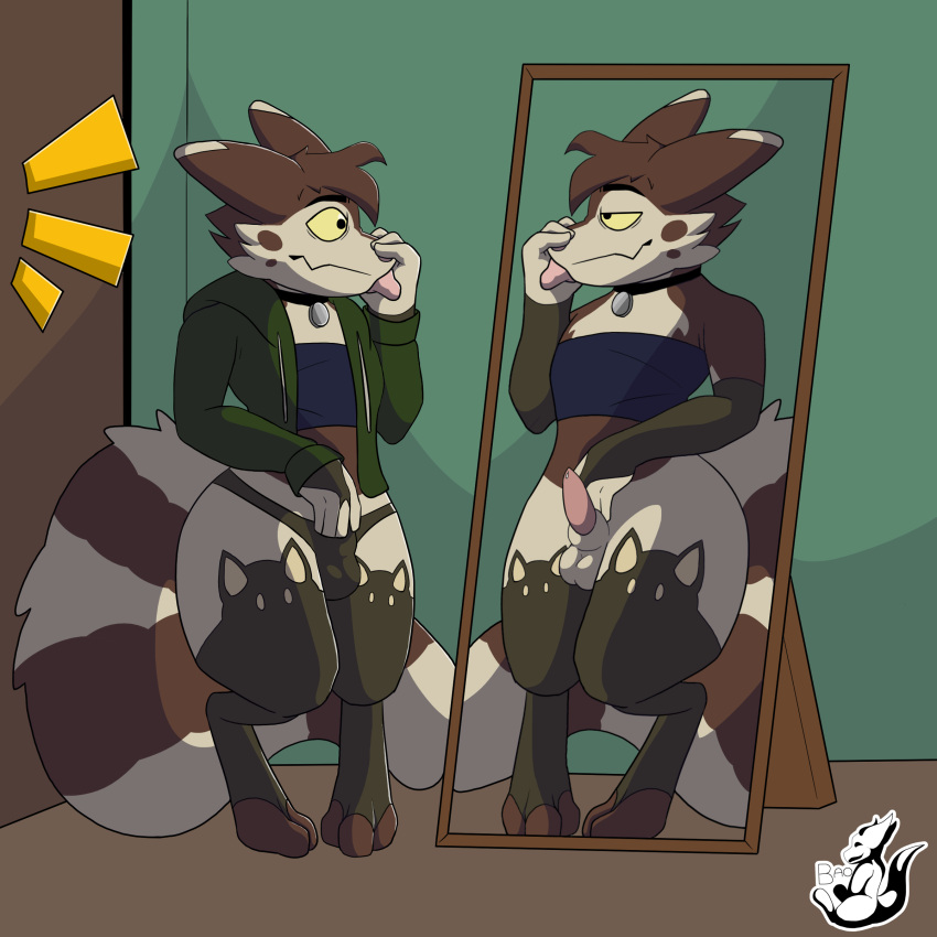 absurd_res altered_reflection alternate_costume animal_genitalia anthro arm_warmers armwear balls brown_body brown_fur bulge choker clothed clothing crossdressing embarrassed fitting_room fur furret generation_2_pokemon genitals girly hi_res jaebaobread jewelry legwear looking_at_mirror looking_at_object male male_only mammal mirror multicolored_body multicolored_fur necklace nintendo panties penis pokémon_(species) pokemon pokemon_(species) reflection sheath solo stockings tadeo_saffron tan_body tan_fur tapering_penis topwear two_tone_body two_tone_fur two_tone_tail underwear video_games yellow_eyes