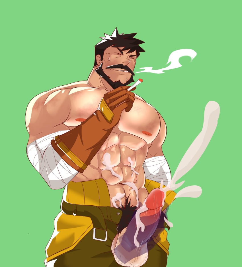 balls bara beard black_hair boner cigarette closed_eyes cum disembodied_hand erection facial_hair genshin_impact gloves handjob male male_only muscles muscular nhstonk open_fly orgasm pants penis penis_out shirtless solo solo_male wagner_(genshin_impact)